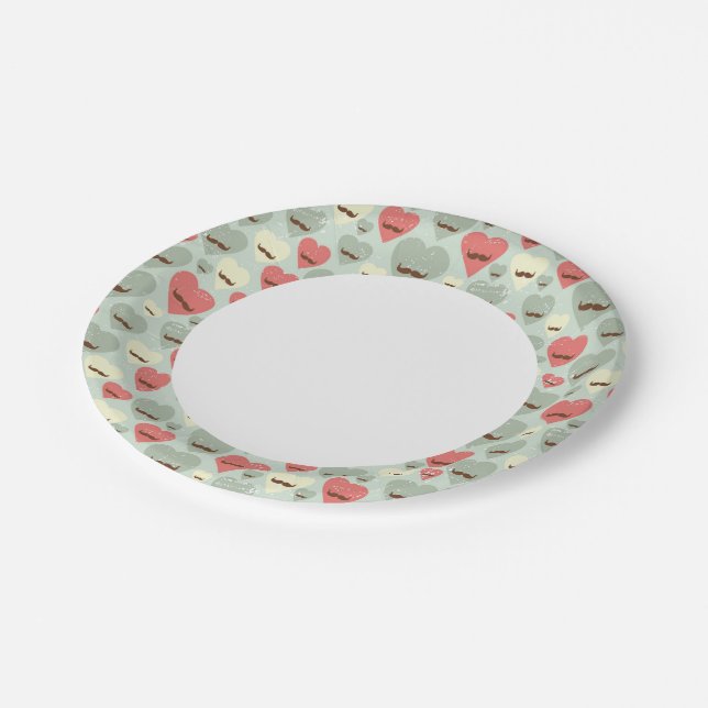 Valentine pattern with heart and moustache paper plate (Angled)