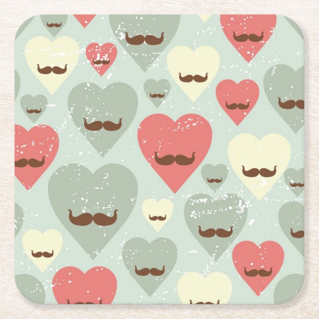 Valentine pattern with heart and moustache square paper coaster (Front)