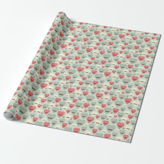 Valentine pattern with heart and moustache wrapping paper (Unrolled)