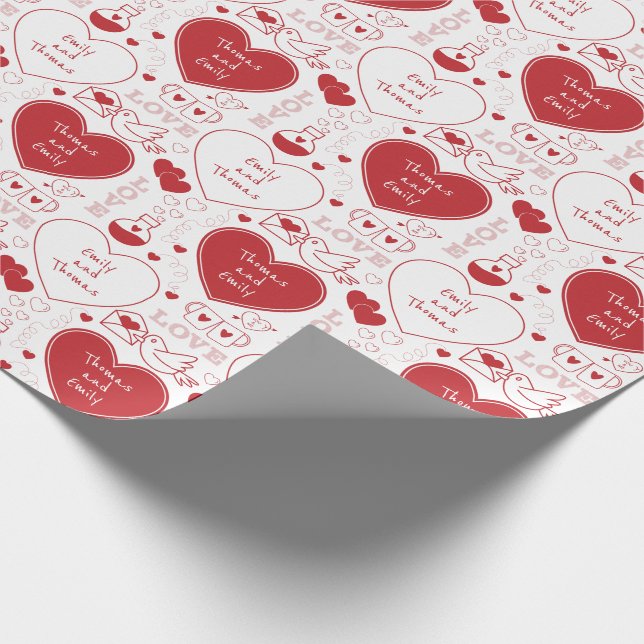 Valentine Pattern Wrapping Paper - Red on White (Corner)