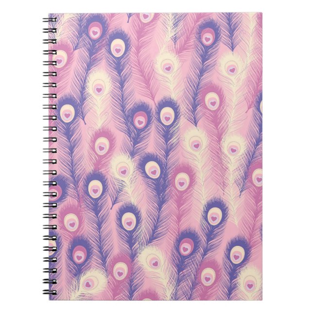 Valentine Peacock Feather Seamless Pattern in Pink Notebook (Front)