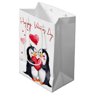 Valentine Penguins With Heart Medium Gift Bag