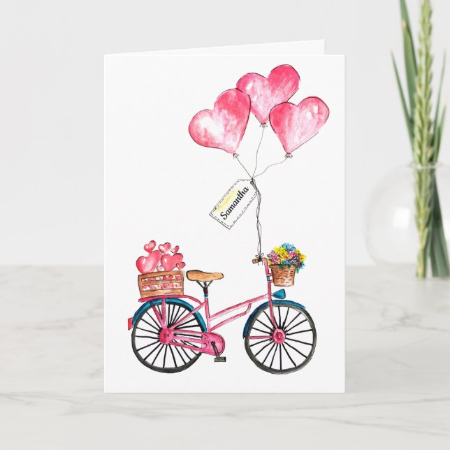 Valentine Pink Blue Bike Balloon Heart Love Name Holiday Card (Front)