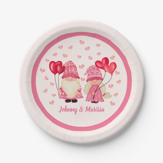 Valentine Pink Gnome Red Hearts Couple Names Paper Plate (Front)