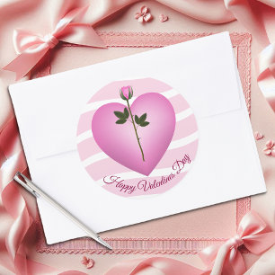 Valentine Pink Heart And Rose Classic Round Sticker