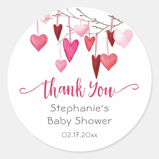 Valentine Pink Hearts Baby Shower Thank You Classic Round Sticker (Front)