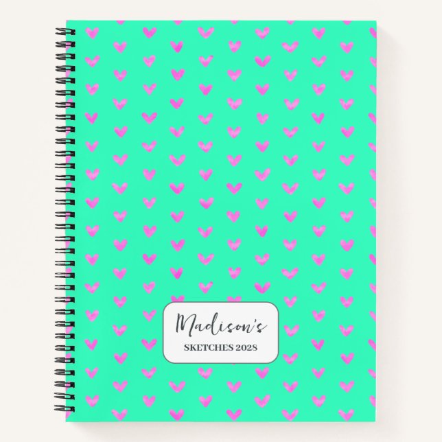 Valentine Pink Hearts Bright Green Personalised Notebook (Front)