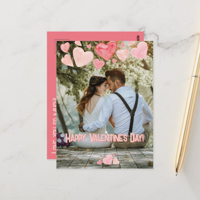 Valentine Pink Hearts Overlay Add Your Own Photo Postcard (Front/Back In Situ)
