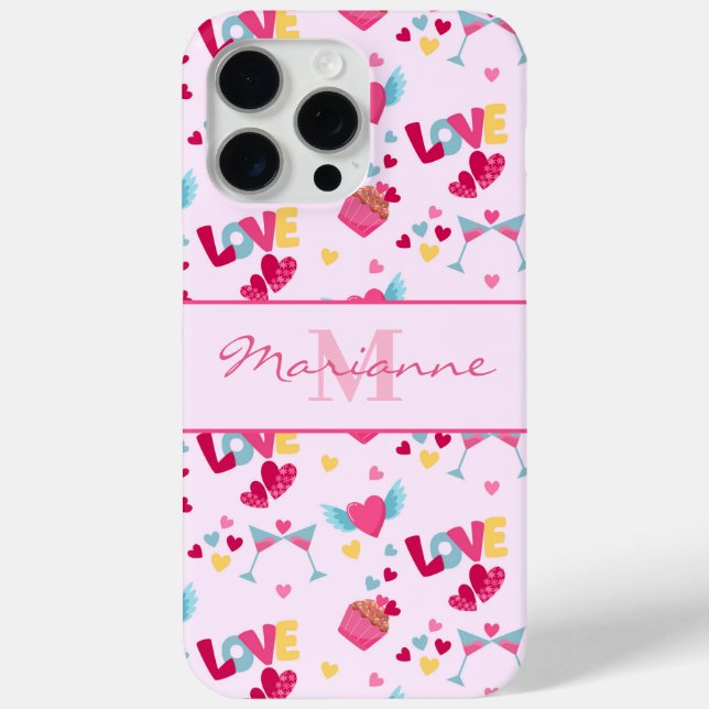 Valentine Pink Love Letters Pattern Elegant Name Case-Mate iPhone Case (Back)