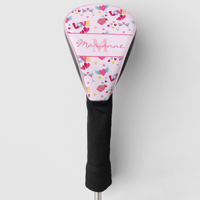 Valentine Pink Love Letters Pattern Elegant Name Golf Head Cover (Front)