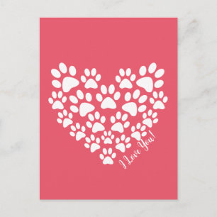 Valentine Pink Paw Print Heart Postcard