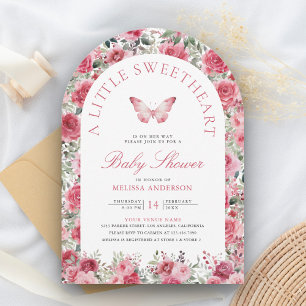 Valentine Pink Red Rose Butterfly Girl Baby Shower Invitation