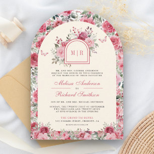 Valentine Pink Red Roses Butterfly Cream Wedding Invitation