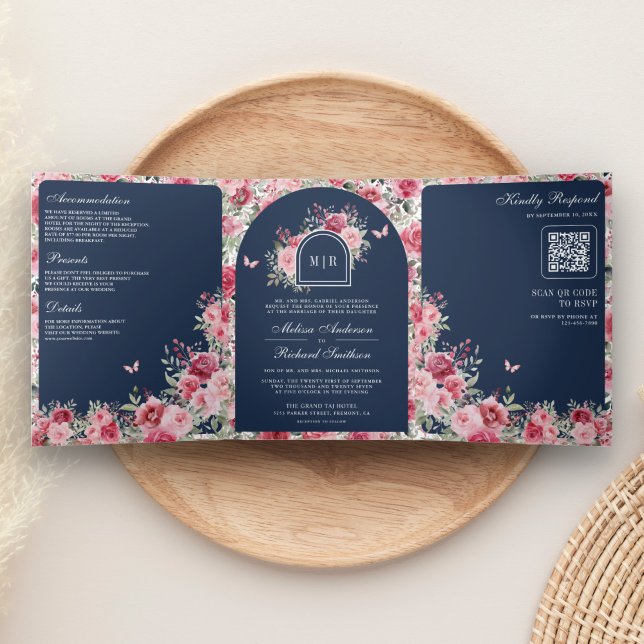 Valentine Pink Red Roses Butterfly Navy Wedding Tri-Fold Invitation (Creator Uploaded)
