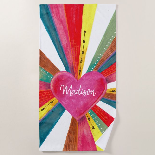 Valentine pink sun sunshine rainbow retro heart  beach towel (Front)