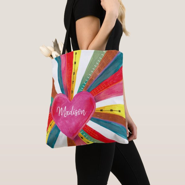 Valentine pink sun sunshine rainbow retro heart  tote bag (Close Up)