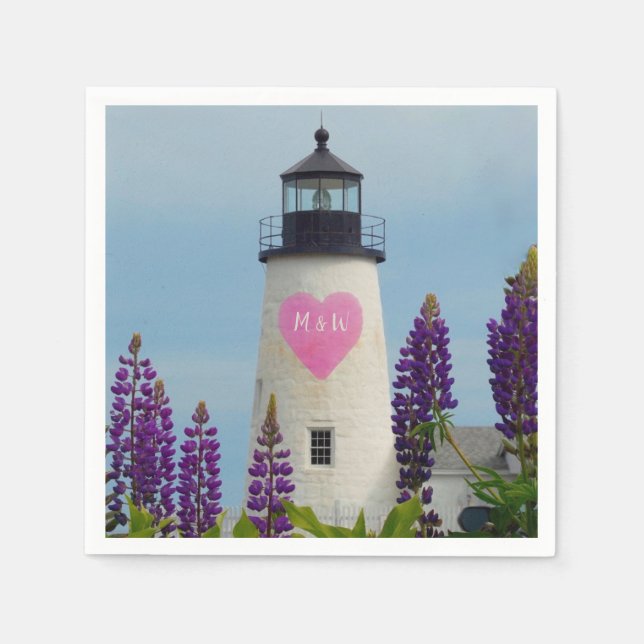 Valentine Pink Watercolor Heart Initial Lighthouse Napkin (Front)