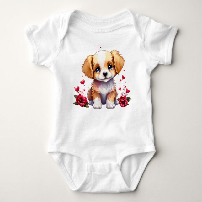 Valentine Puppy, Whimsical Valentine, Personalized Baby Bodysuit (Front)