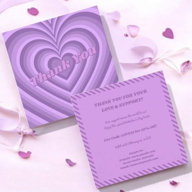 Valentine Purple Hypnotic Heart Pattern Thank You Square Business Card (Creator Uploaded)