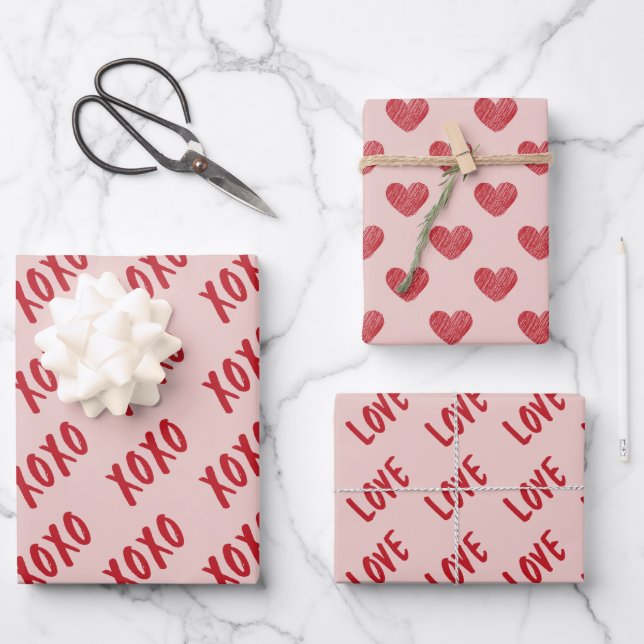 Valentine Red and Pink XOXO Love Pattern Wrapping Paper Sheet (Front)