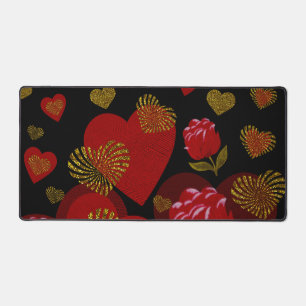 Valentine Red Gold heart red roses on black Desk Mat