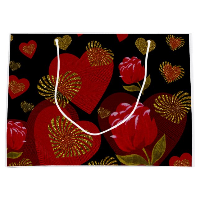 Valentine Red Gold heart red roses on black  Large Gift Bag (Front)
