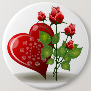 VALENTINE RED  HEART AND RED ROSES 6 CM ROUND BADGE