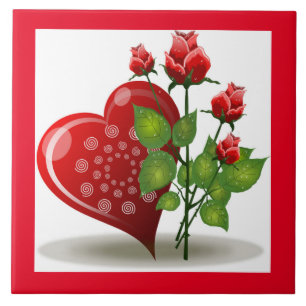 VALENTINE RED HEART AND RED ROSES CERAMIC TILE