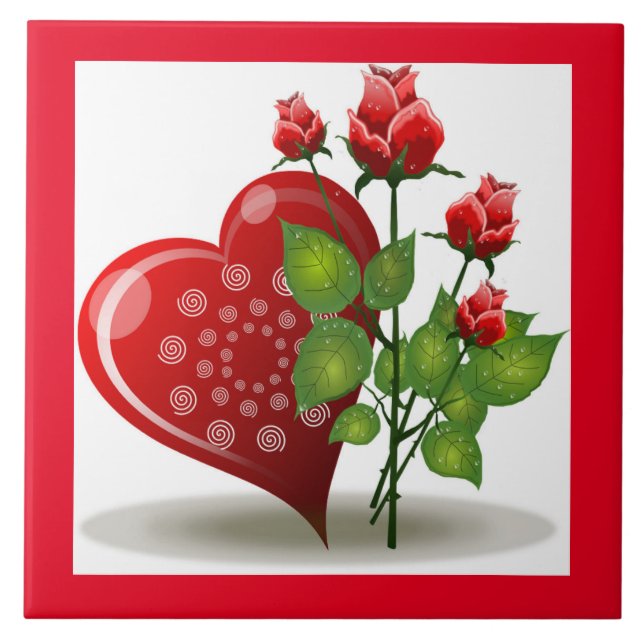 VALENTINE RED  HEART AND RED ROSES CERAMIC TILE (Front)