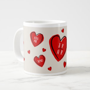 Valentine Red Hearts Cute Customise Couple Tan Large Coffee Mug