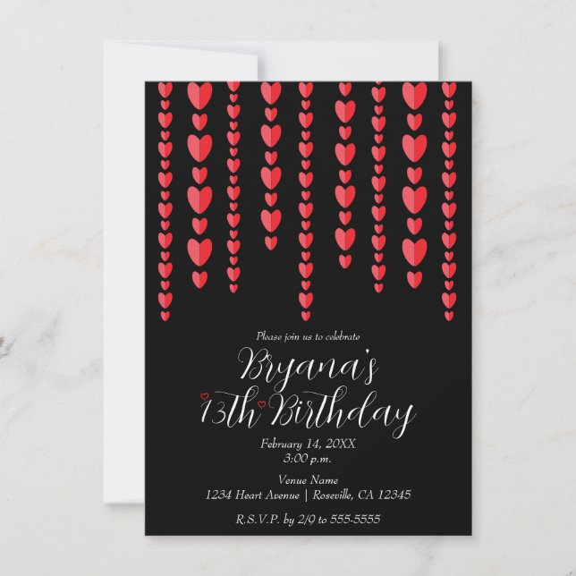 Valentine Red Hearts February Black Birthday Party Invitation (Front)