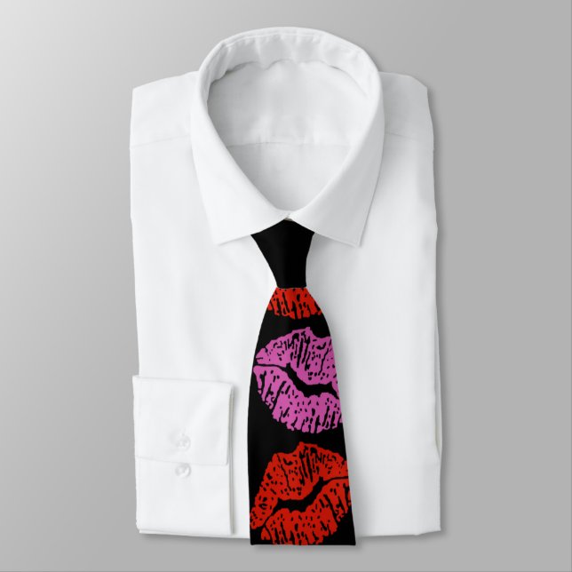 Valentine Red Pink Lipstick Kisses Tie (Tied)