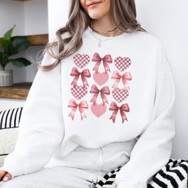 Valentine Retro Chequered Heart Coquette Bow Sweatshirt (Creator Uploaded)