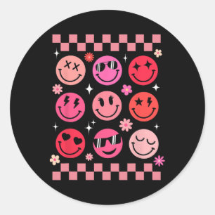 Valentine Retro Groovy Pink Happy Face Classic Round Sticker