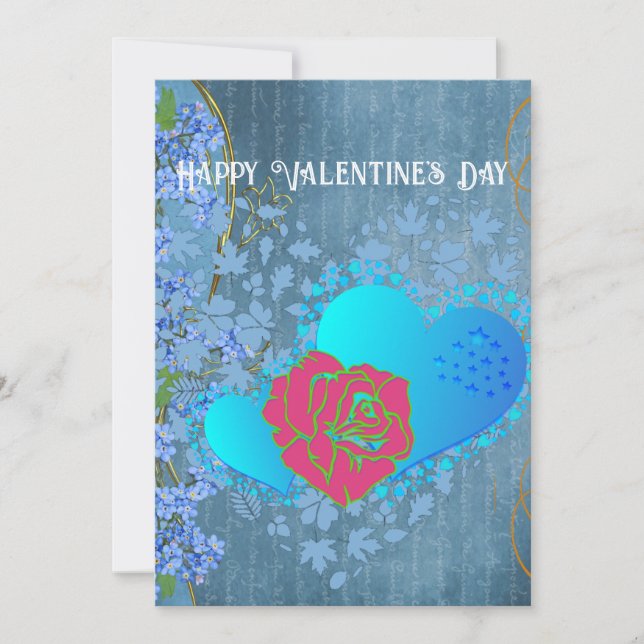 Valentine Romantic Roses Sweeping Heart Blue Card (Front)