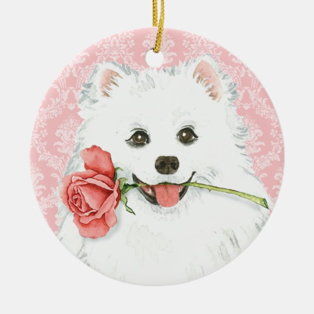 Valentine Rose American Eskimo Dog Ceramic Tree Decoration (Front)