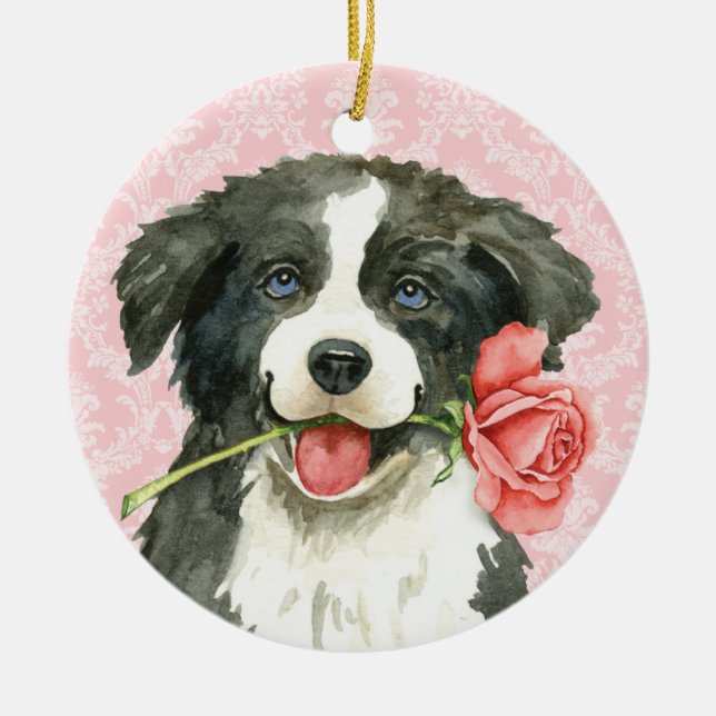 Valentine Rose Border Collie Ceramic Tree Decoration (Front)