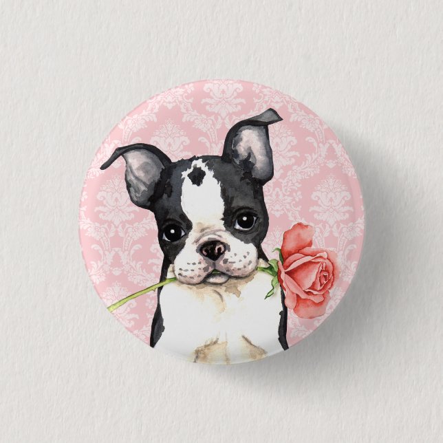 Valentine Rose Boston Terrier 3 Cm Round Badge (Front)
