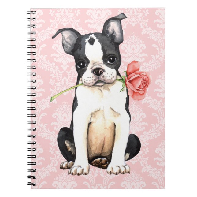 Valentine Rose Boston Terrier Spiral Notebook (Front)
