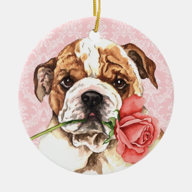 Valentine Rose Bulldog Ceramic Tree Decoration (Front)