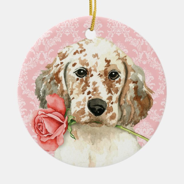 Valentine Rose English Setter Ceramic Tree Decoration (Front)