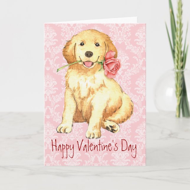 Valentine Rose Golden Retriever Holiday Card (Front)