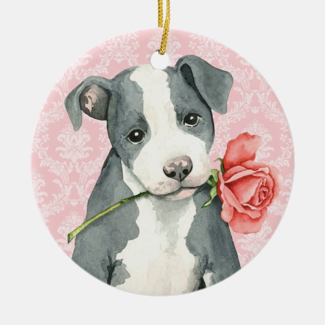Valentine Rose Pit Bull Ceramic Tree Decoration (Front)