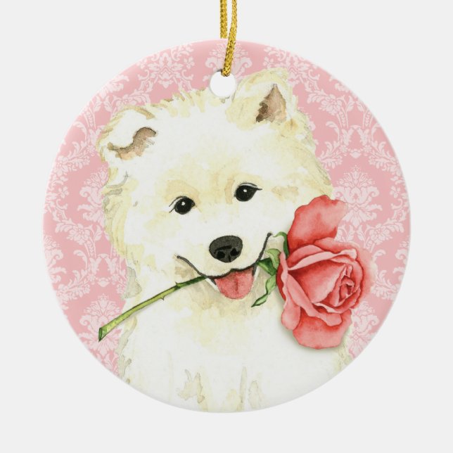 Valentine Rose Samoyed Ceramic Tree Decoration (Front)