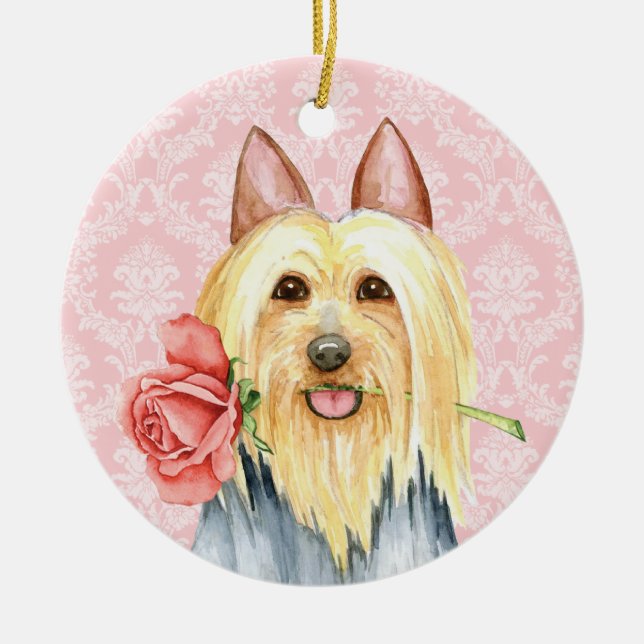 Valentine Rose Silky Terrier Ceramic Ornament (Front)
