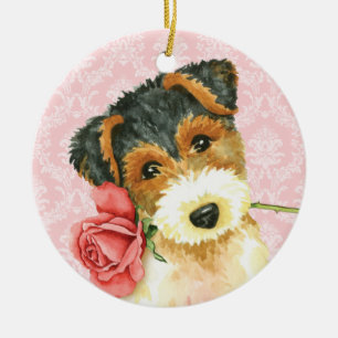 Valentine Rose Wire Fox Terrier Ceramic Tree Decoration