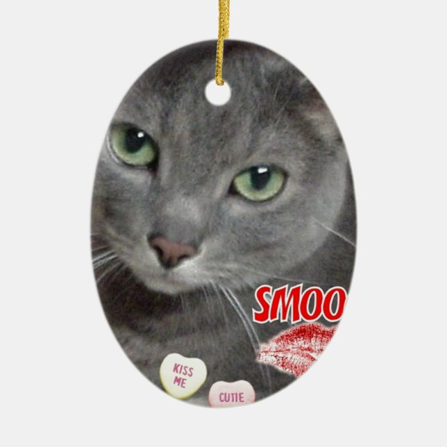 Valentine Russian Blue Cat Ceramic Tree Decoration (Front)