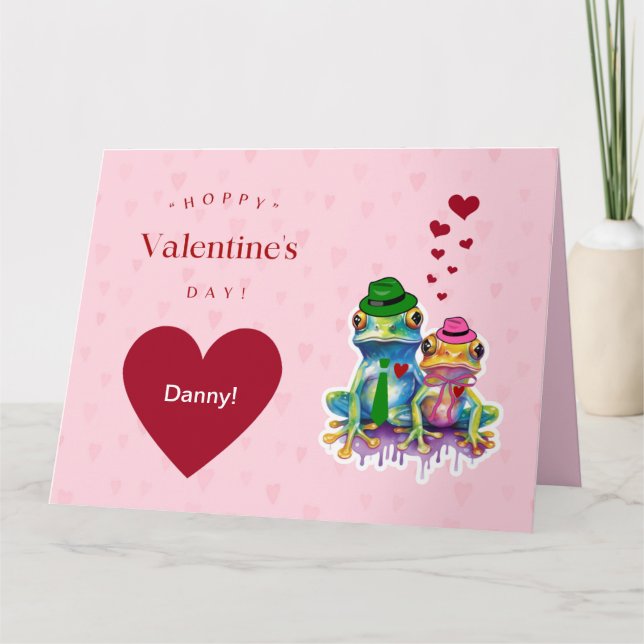 Valentine’s Colorful Frog Couple with Hearts Card (Front)