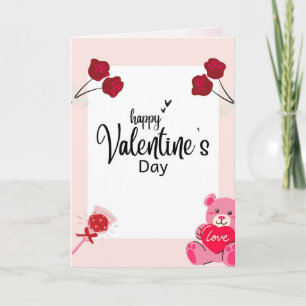 Valentine’s Day Card with Red Roses & Teddy Bear