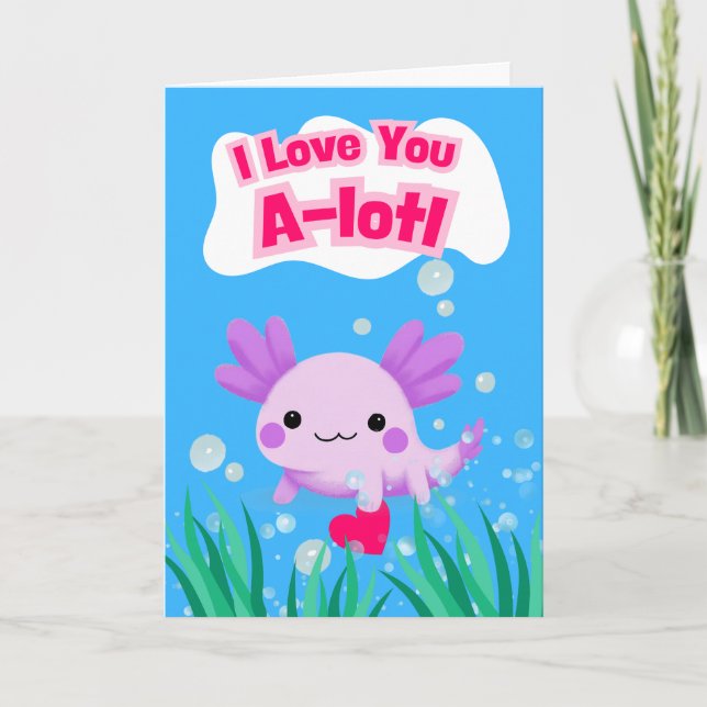 Valentine’s Day Cute Axolotl with Heart Card (Front)